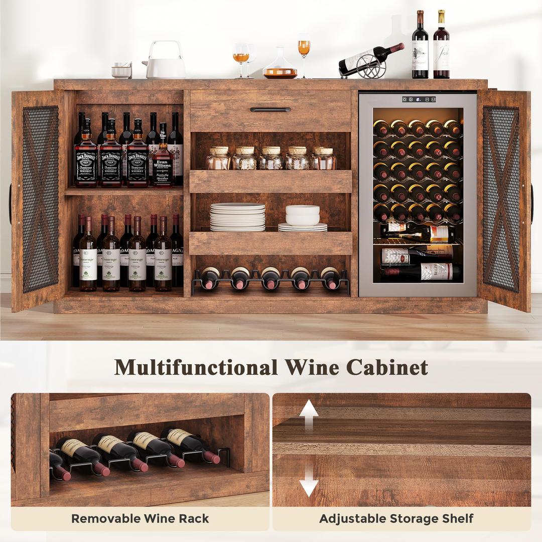 Large Coffee Bar Cabinet with Fridge Space, Mini Fridge Cabinet with Power Outlets and Wine Rack, Farmhouse Design Liquor Cabinet for Living Room, Kitchen, Entryway, Rustic Brown (63 inch)