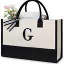 TOPDesign Personalized Initial Canvas Beach Bag, Monogrammed Gift Tote Bag for Women (Black & White)