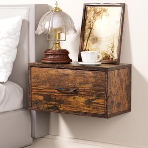 Floating Nightstand Shelf with Drawer, Bedside Shelf Wall Mounted Nightstand, Floating Bed Side Table/Night Stand with Drawer, Wall Shelves for Bedroom, Rustic Wood
