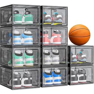 caktraie 10 Pack Thicken Shoe Organizer Stackable, Upgraded Sturdy Shoe Storage Box with Magnetic Door, Shoe Containers For Sneaker Display, Hat Organizer, Black