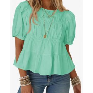 Tankaneo Womens Puff Sleeve Peplum Babydoll Tops Summer Smoked Pleated Cotton T-Shirts Casual Loose Fit Flowy Blouse L