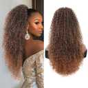Youthfee 27 Drawstring Ponytail Deep Curly Heat Resistant Synthetic Instant Clip Ponytail Extension Protective Style Afro Kinky Curly Hair Pieces for Women (27 Inch Mix Black Brown)