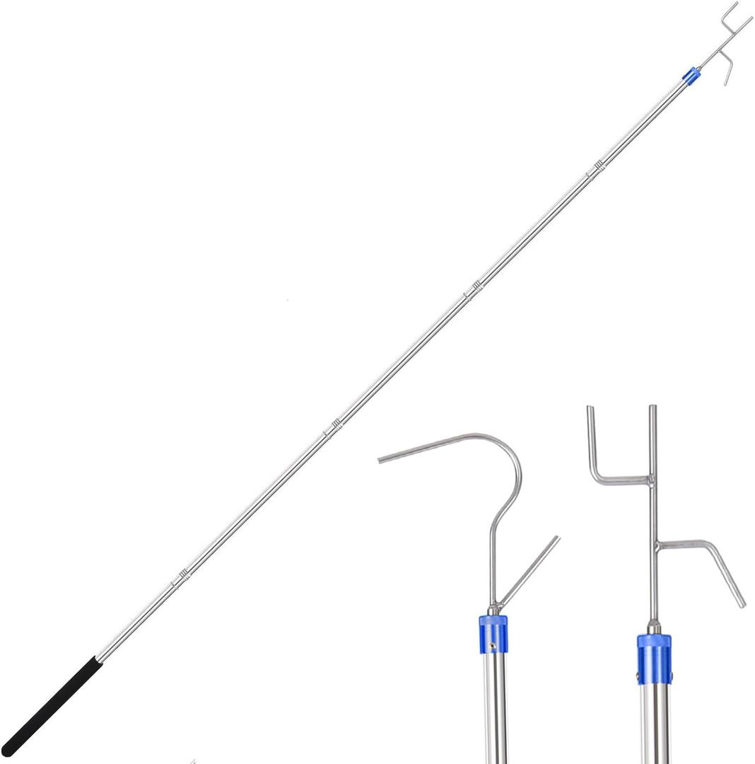 clothes hook pole74-inch adjustable poleSuitable for hanging christmas light pole, closet reacher pole with hook, with hooks hanger polePole hooks made of stainless steel and 2 long hooks