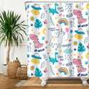 Dreamy Theme Bathroom Dino Dinosaur Rainbow Magical Shower Curtain with Hooks, Waterproof Polyester Fabric, 48x72 Inch