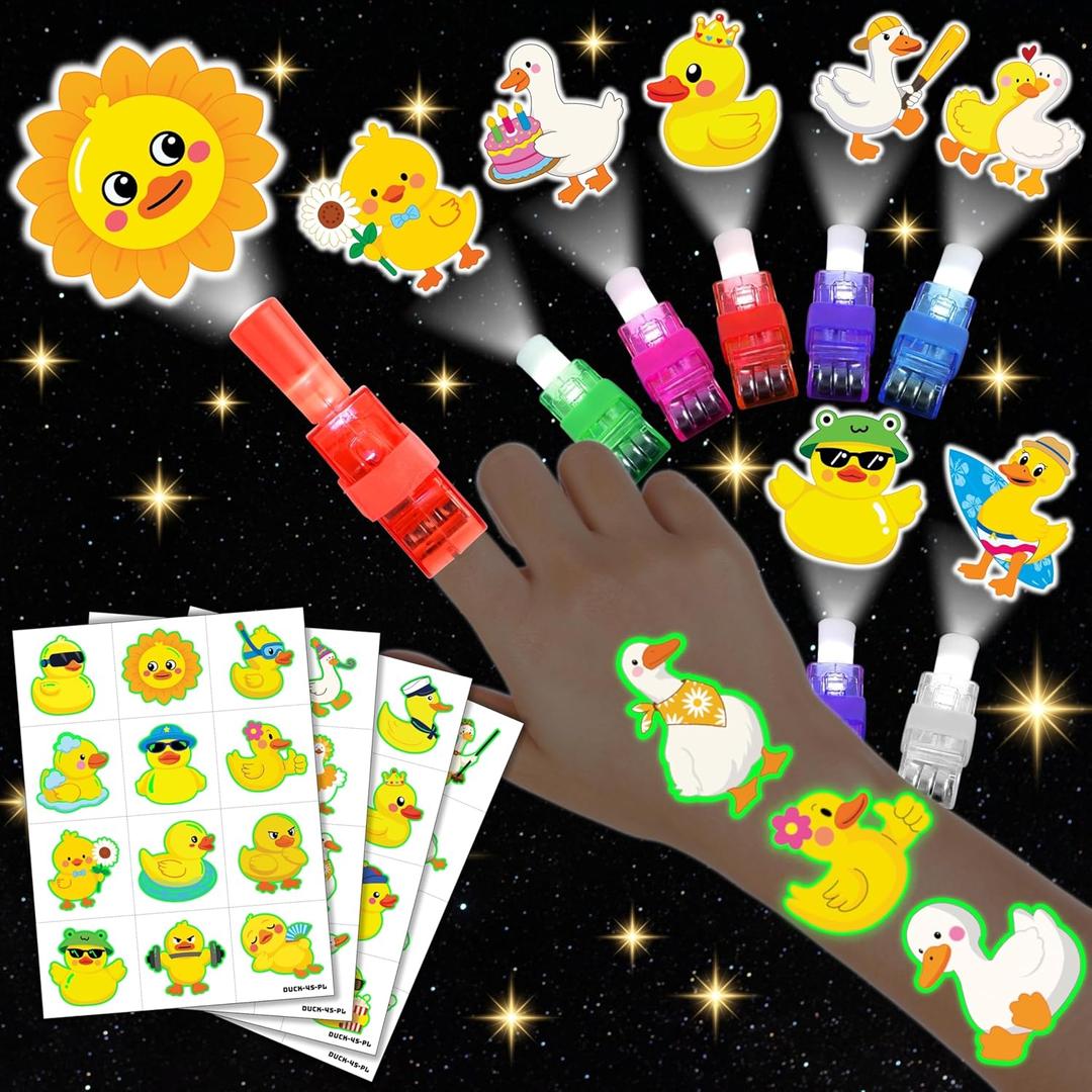 72 PCS Duck Party Favors  48 PCS Luminous Tattoos & 24 PCS LED Finger Lights Combo  Birthday Goodie Bag Fillers, Party Supplies, Gifts Light Up Toys Glow In The Dark for Boys and Girls