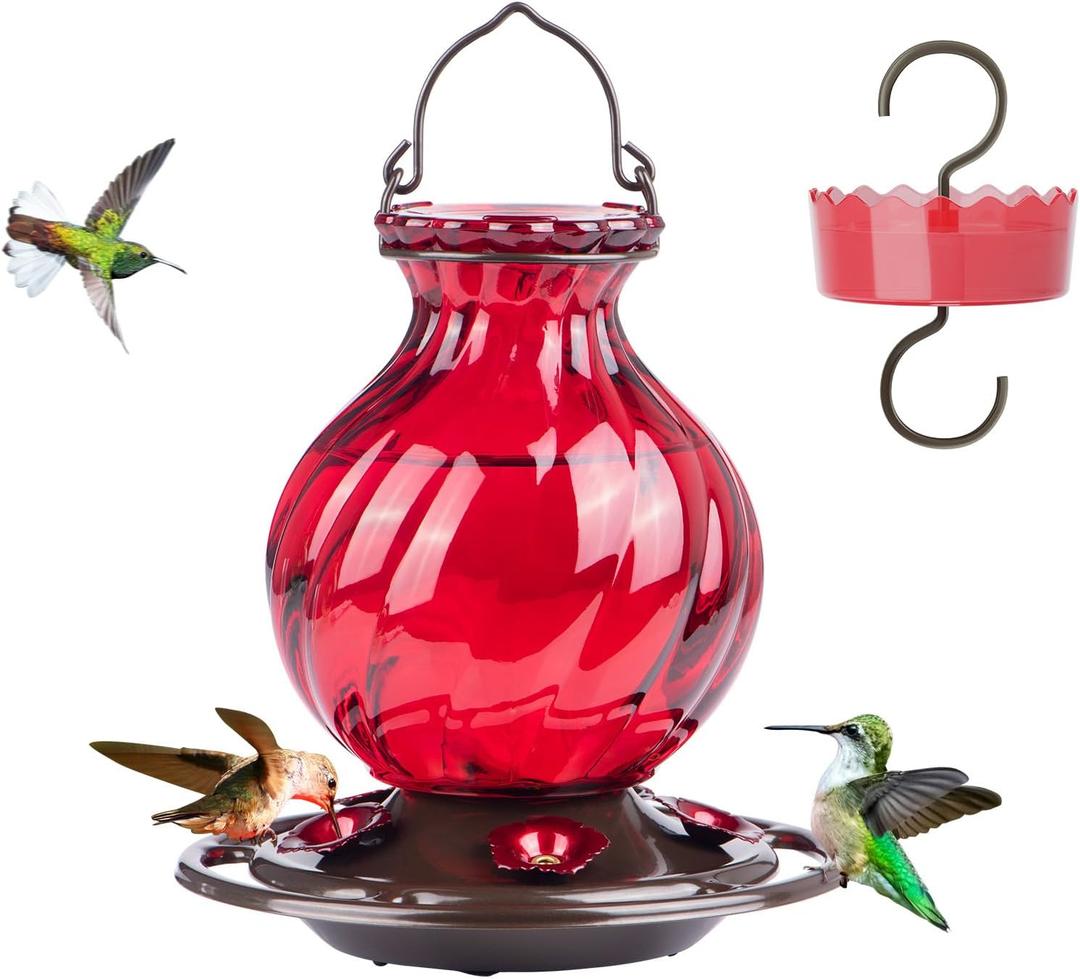 Hummingbird Feeder, Auslar 26 Ounces Glass Hummingbird Feeders for Outdoors Hanging Ant and Bee Proof, Ant Moat & 5 Flower Feeding Ports, Rustproof, Leakproof, Netted Flower Bud Shape Bottle, Red