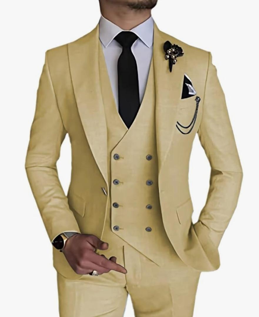 Wangyue 3 Piece Suit Slim Fit Double Breasted Mens Suits for Wedding Party Formal Prom One Button Blazer Vest Pants Sets, XXL