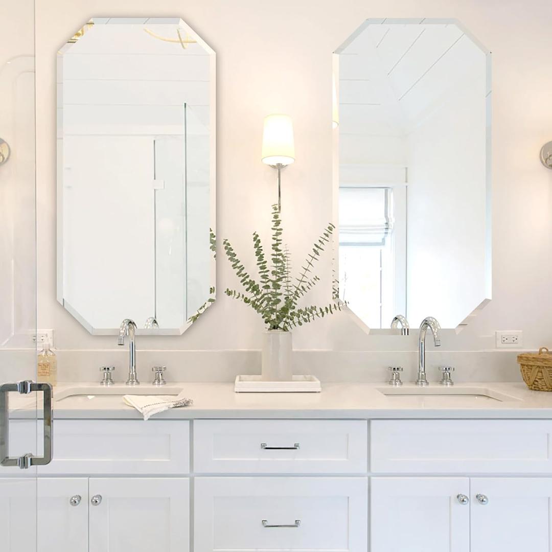 Chende 2 Packs Octagonal Bathroom Mirror with Beveled Edge, 18" x 36" Frameless Vanity Mirror for Bedroom, Entryways, Washrooms, Living Rooms, Modern Wall Mirror