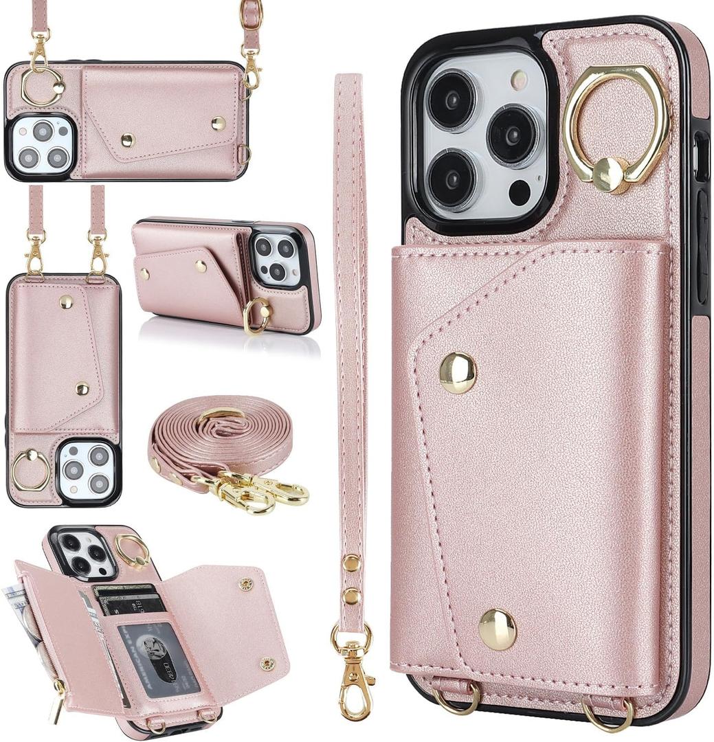 LUVI Compatible with iPhone 15 Pro Wallet Case with Card Holder Crossbody Neck Strap Lanyard Wrist Strap Purse for Women PU Leather Flip with Credit Card Kickstand Stand Cover Rose Gold