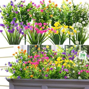 20 Bundles Artificial Fake Flowers for Outdoor Spring Decorations, Faux Plants Flowers UV Resistant for Garden Home Wedding Farmhouse Decor (Multi Color)