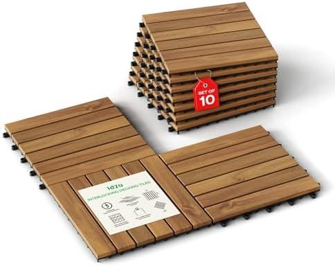 IDZO Interlocking Deck Tiles, 10PCS Waterproof Acacia Wood Patio Tiles, Durable Flooring for Indoor and Outdoor Spaces, Ideal for Patios, Balconies, Decks, Sheds, Quick Install, Stylish and Durable