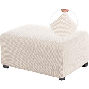 PrinceDeco Stretch Ottoman Cover Slipcovers Rectangle for Living Room Foot Stool Covers to Fit Ottoman Foot Rest, Thick Checked Jacquard Fabric with Elastic Bottom (Oversized Ottoman, Ivory) (X-Large)  6"D x 10"W x 1"H