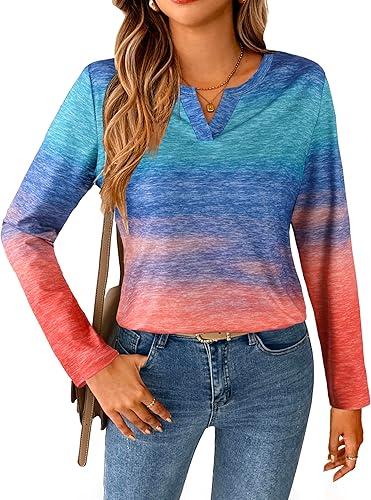 SOFIA'S CHOICE Women Ombre Long Sleeve T Shirts Women Basic Casual V Neck Shirts Blue Pink Medium