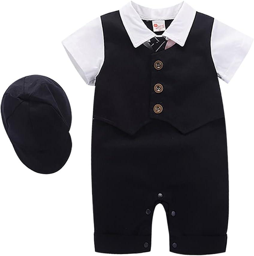 IDOPIP Baby Boy One-Piece Romper Short Sleeve Jumpsuit Gentleman White Shirt Bowtie Tuxedo Birthday Outfit Formal Suit + Hat (9-12 Months)