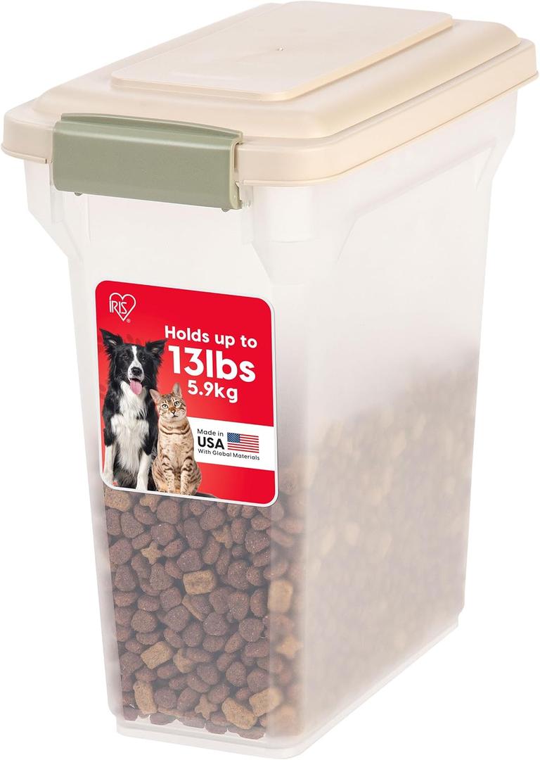 IRIS USA Dog Food Storage Container, Airtight Lid, Up to 13 Pounds Pet Food Storage, Versatile Pet Food Bin, Treats, BPA Free, Almond, 12.5 Lbs