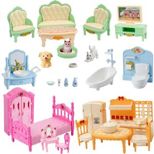 Dollhouse Furniture Set, Complete Room Collection with Kitchen, Dining, Living Room, Bedroom and Bathroom Accessories, Plastic (36-Piece Macaron Colors)