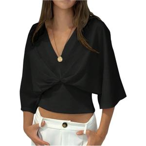 GORGLITTER Women's Dolman 3/4 Length Sleeve Cinched Waist Tops Ruched V Neck Blouses Summer Vacation Going Out Outfits, Black, Medium