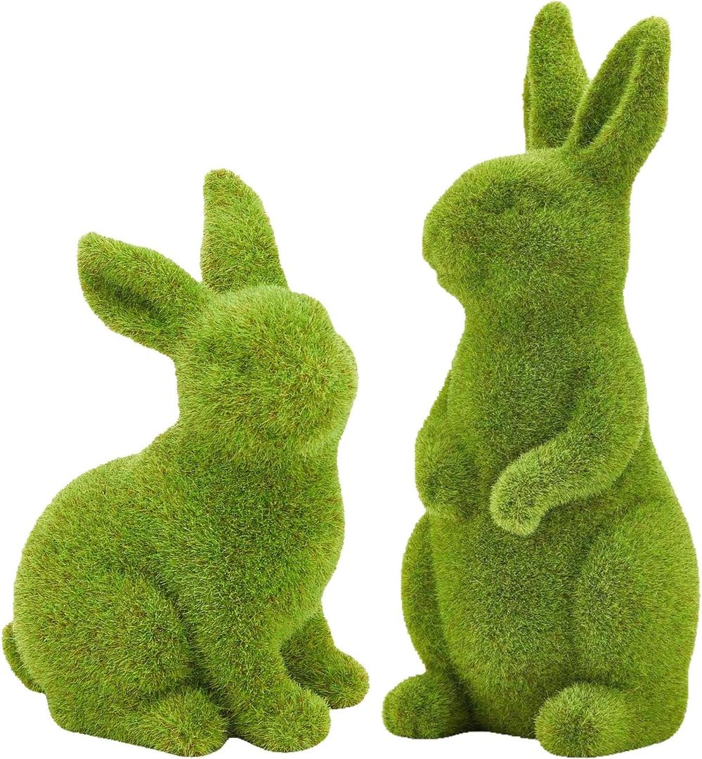 Easter Bunny Decor, 2pcs Flocked Bunny Moss Bunnies Spring Decor Resin Rabbit Figurines for Table Desk Easter Decorations (Large 2pcs)