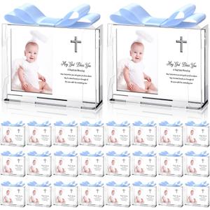 Vercraft 24 Set Baptism Picture Frame 3.5 x 5 Acrylic Baby Shower Baptism Favor Christening Gifts for Boy Girl with Plastic Crystal Boxes and Satin Ribbon Bows for Religious First Communion(Silver)