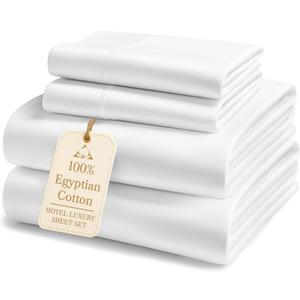 LANE LINEN 100% Egyptian Cotton King Sheets Set – 4 Piece Sateen Weave Bed Sheets, Ultra Soft, 16" Deep Pocket, Luxury King Size Sheet Set – White
