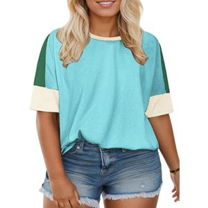 DOLNINE Plus-Size-Tops for Women Summer Color Block Shirts Casual Crewneck Tees Trendy Going Out Side Split Tunics 2XL