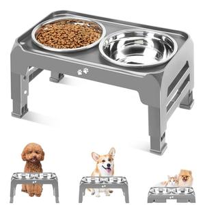 COMESOON Elevated Dog Bowls for Small Medium Dogs, 3 Height Adjustable Raised Stand with 2 Thick 6" Stainless Steel Food Bowls, Non-Slip Feeder Adjusts to 2.75", 6", 7.5", Grey