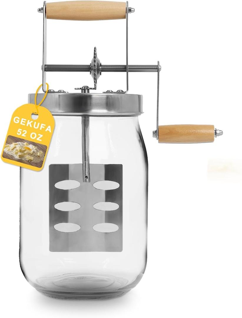 Gekufa 1.5L Glass Butter Churner, Large 52-Fluid Ounce Capacity butter churner hand crank mason jar, Butter Churn Makes Delicious Homemade Butter