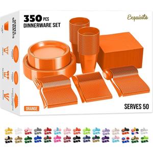 Party Solids 350 Pieces Orange Plastic Plates For Party, Orange Disposable Plates Set, 50 Of Each 9" Dinner Plate Set, 7" Dessert Plate, Cups, Napkins & Cutlery Plastic Dinnerware Set