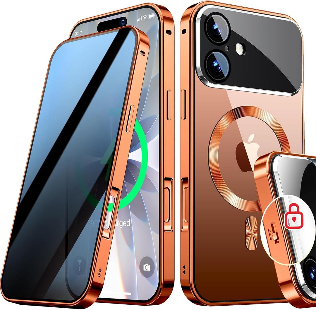 [Full Camera Protection& Mechanical Lock] Magnetic Privacy Case for iPhone 17 [Compatible with MagSafe] [CD Metal Ring] Full Body Shockproof Metal Bumper, 9H Anti Peeping Glass Cover-Orange