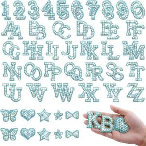 82Pcs Self Adhesive Pearl Letter Patches (A-Z),Number Patch 0-9,Glitter Pearl Letter Patches Rhinestone Applique for DIY Clothes, Bags, Shoes Blue