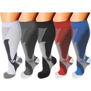 Double Couple 5 Pairs Wide Calf Compression Socks for Men Women Extra Plus Size Knee High Support (3X-Large, Multicolor)