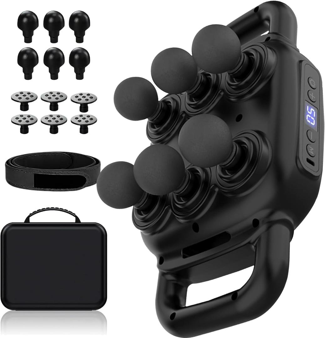 UFFAE Six Head Massage Gun, 50 Intensity Levels & 9 Massage Modes, Equipped with 3 Different Massage Heads, Massage Gun with Adjustable Belt Ideal Gifts for Women, Men, Mom, and Dad (Light Black)