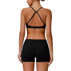 Women Two Piece Workout Sets Back Sports Bras Matching High Waist Booty Lifting Shorts Gym Yoga Jogger Wear Outfits (Large, Black)