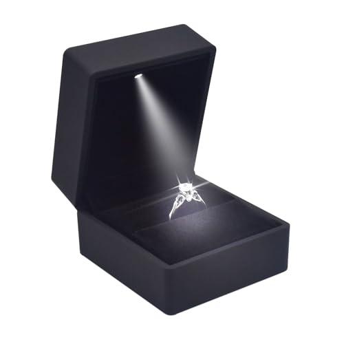 Eveynsh Luxury LED Lighted Engagement Ring Box - Elegant Matte Black Ring Case for Wedding Rings, Perfect for Proposal, Anniversary, Ceremony, and Gift Giving, New Version