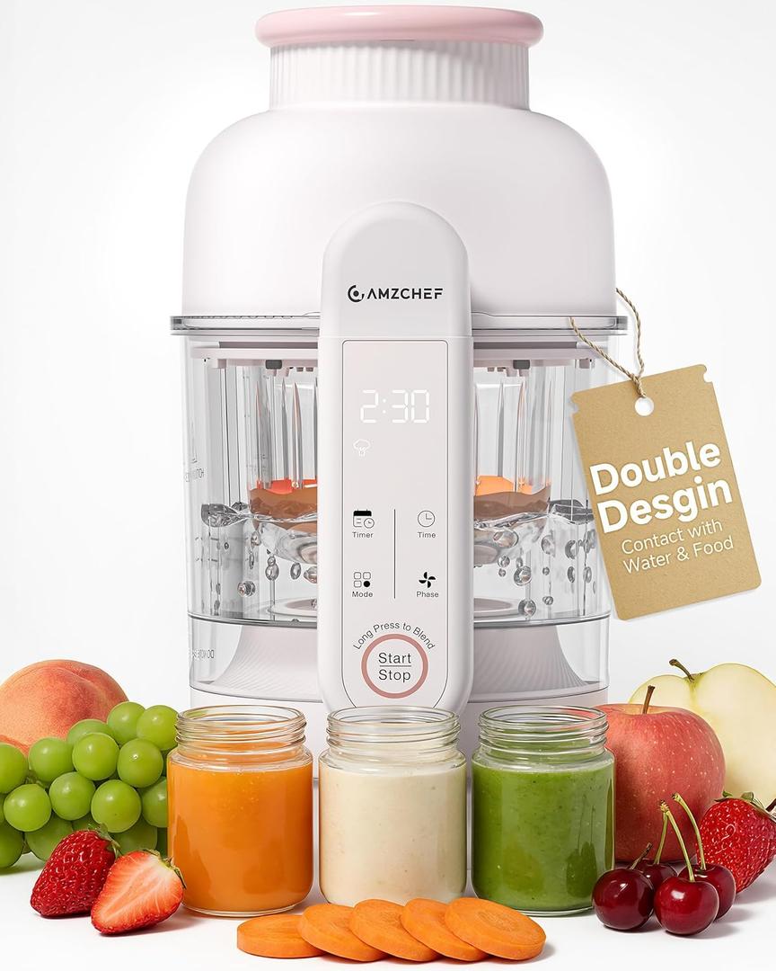 AMZCHEF Baby Food Maker with Auto Steam & Blend, 9in1 Baby Puree Maker with Foodgrade glass, BPAFree & Easy Cleaning, Touch Screen, Dishwasher Safe, Offwhite