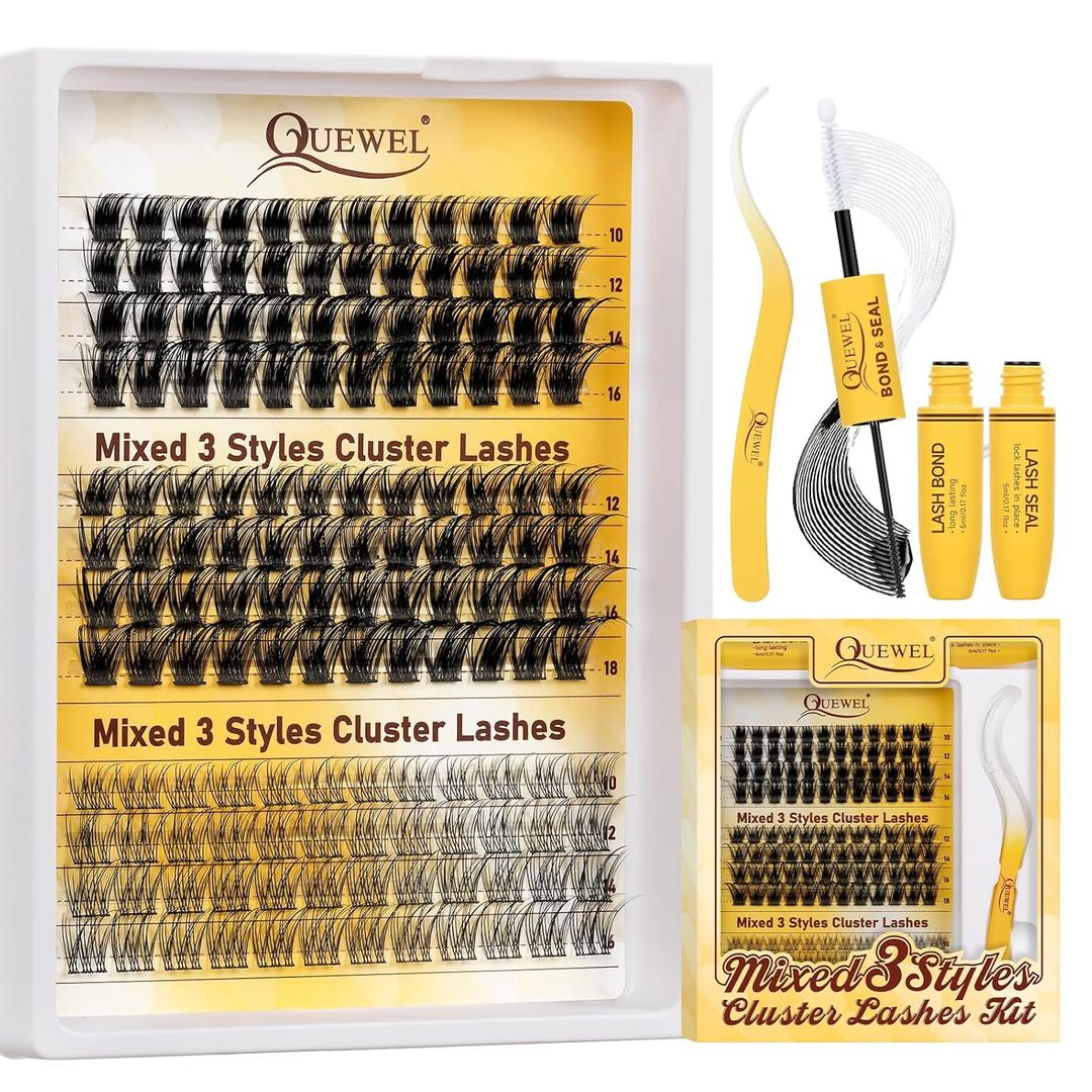 QUEWEL Lash Clusters Kit Multi-type Mixed Eyelash Clusters 176Pcs with Lash Bond and Seal, Cluster Lashes Tweezers, DIY Lash Extensions Kit can Create Kinds of Effects for personal(QU23+QU24+QU25 Kit)