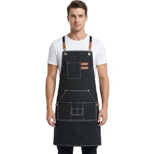 Canvas Aprons for Men Chef Apron, Work Apron with Large Pockets - 16oz Heavy Duty Cross Back, BBQ, Cooking (Black)