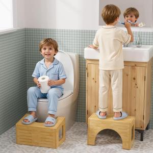 AmazerBath Toilet Stool for Toddler Potty Training, 3-in-1 Sturdy Bamboo One Step Squat Poop Foot Stool, Non-Slip Baby & Kids Potty Step Stool for Bathroom Sink, Kitchen Counter, Bedroom, Closet, 9"