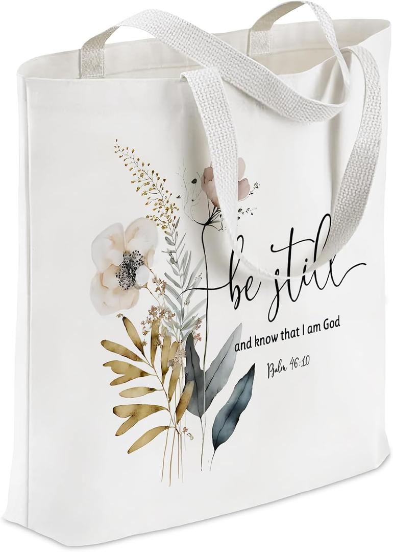 Christian Tote Bag, Be Still and Know That I Am God Psalm 46:10 Christian Bible Verse Canvas Tote Gift Bags Reusable Shopping Bags Study Carrying Bag with Handles for Women Faith