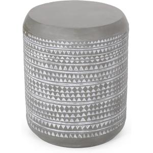 Benjara Outdoor End Table, 16 Inch Round Gray Faux Concrete w White Pattern