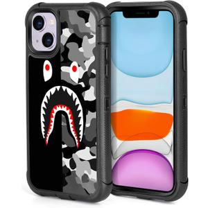 Compatible with iPhone 13 Case iPhone 14 Case Cool Camo Black White Shark Street Fashion Design for Boys, 3-Layer Rugged Shockproof Hard Plastic Bumper Silicone Rubber Heavy Duty Protection Cover