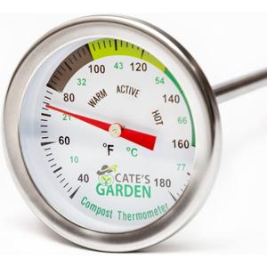 Compost Thermometer - Cate's Garden Premium Stainless Steel Bimetal Thermometer for Backyard Composting - 2 Inch Diameter Fahrenheit/Celsius Dial, 20 Inch Temperature Probe