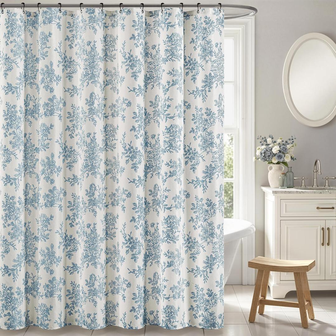 Blue Floral Shower Curtain, Linen Textured Fabric with 12 Rustproof Metal Hooks, Wrinkle Resistant Cloth Machine Washable Bathroom Decor for Cottagecore Style, W72* L72