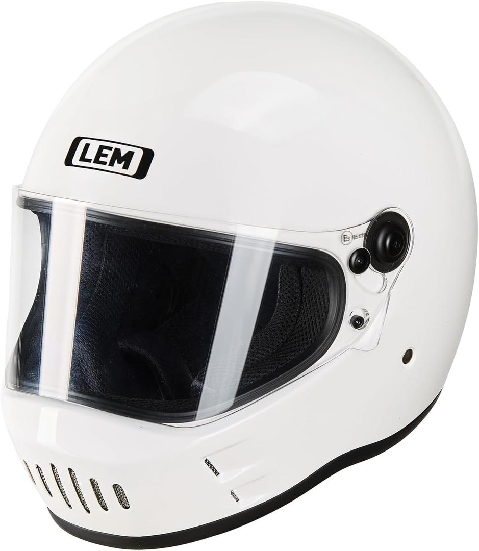 LEM Motorcycle Helmet Full Face for Men and Women, Retro Vintage Classic Open Face Style, Lightweight Fiberglass Shell, DOT Certified, for Cruiser, Cafe Racer, Scooter, Commuter (White, Size L) Kick