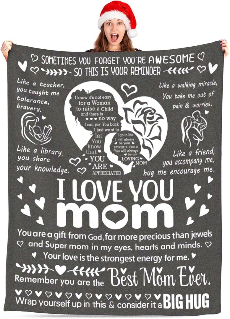 Mothers Day Blanket Gifts for Mom, Valentines Gifts for Mom from Daughter Son, Birthday Gifts for Women Who Has Everything, Blanket Gift for Her, I Love You Mom Throw Blanket 60"50" (Grey)