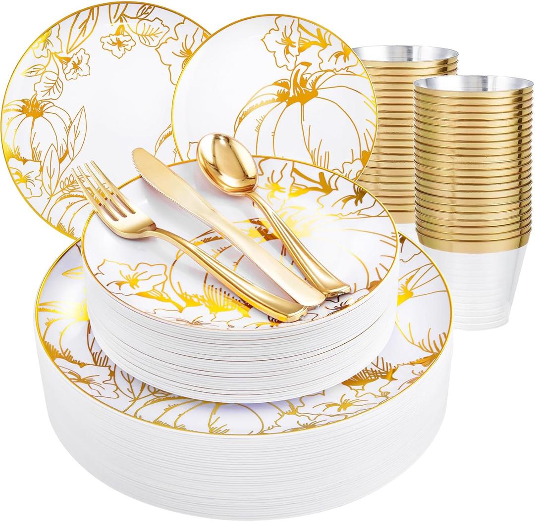 PULOTE 150PCS Thanksgiving Plastic Dinnerware Set - Gold Plastic Plates Disposable Includes 25 Dinner / 25 Dessert Plates, 25 Knives,25 Forks,25 Spoons, 25 Cups for Party