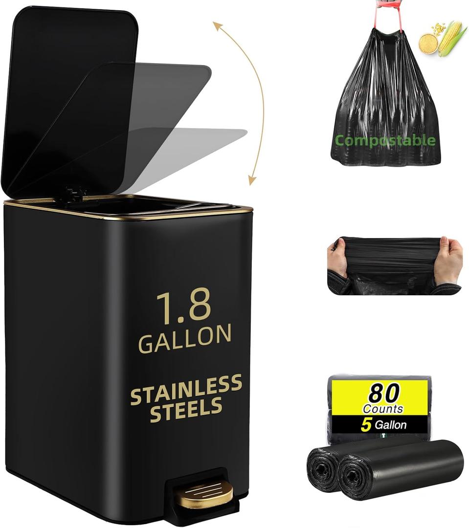 Small Bathroom Trash Can with Lid Soft Close, 1.8 Gallon Stainless Steel Garbage Can with Removable Inner Bucket,80Count Compostable Trash Bags, Slim Step Pedal Trash Bins (Black)