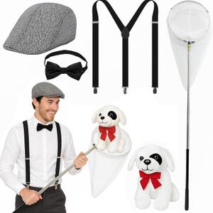 5 Pcs Halloween Dog Catcher Costume Men Include Dalmatian Dog Catcher Costume for Adult Herringbone Tweed Flat Cap, Adjustable Suspender for Men Halloween Cosplay Party