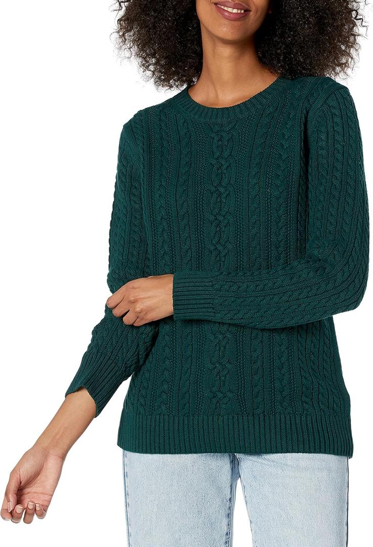 Amazon Essentials womens Soft Fisherman Cable Long-Sleeve Crewneck Sweater  (Small, Deep Green)