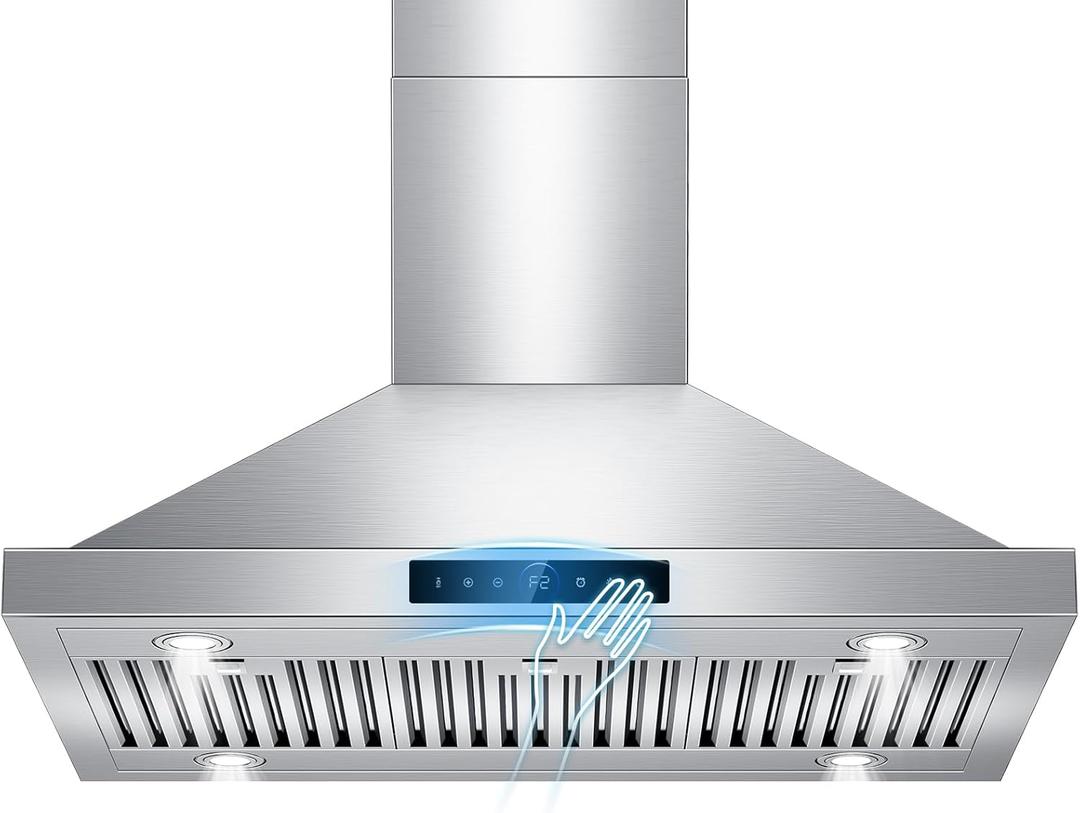 36 inch Island Range Hood Ceiling Mount 1200 CFM with 4-Speed Gesture Sensing & Touch Control, Ducted/Ductless Stainless Steel Kitchen Stove Vent Hoods with 4 LED Lights, Timer,Dishwasher-Safe Filters